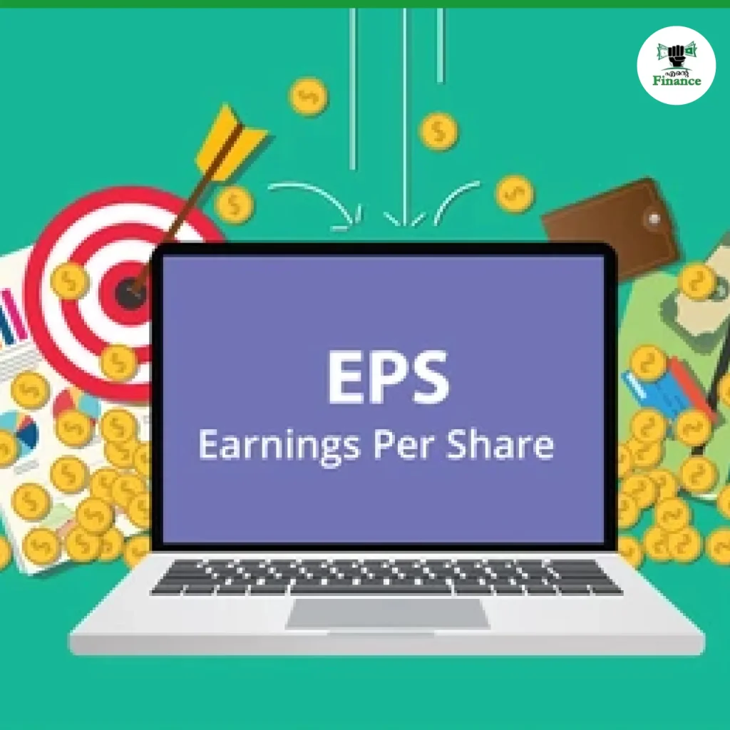 A financial analyst reviewing a chart showing a company’s earnings per share (EPS) performance, with graphs and share icons in the background