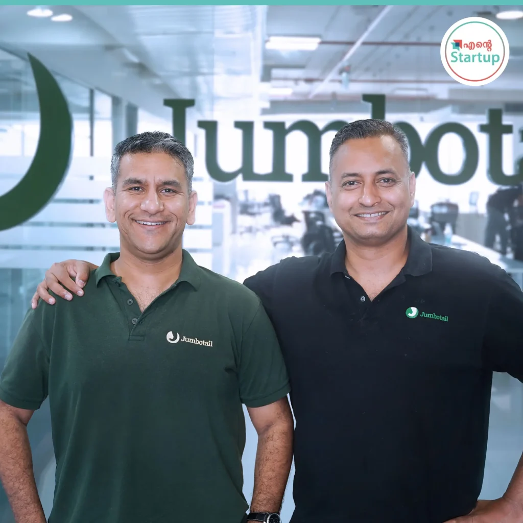 Jumbotail founders celebrating unicorn status after 2025 funding round, showing growth chart and SC Ventures investment visuals.