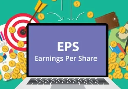 A financial analyst reviewing a chart showing a company’s earnings per share (EPS) performance, with graphs and share icons in the background