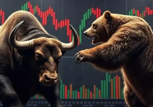 Wall Street stock traders watching rising index charts with news of US stock market surge due to Middle East calm and Fed signals in the background.