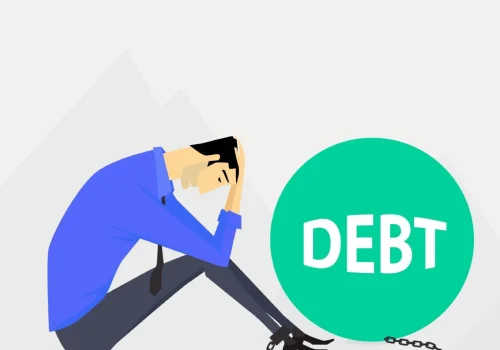 A worried young adult surrounded by bills, credit card statements, and a laptop, representing financial stress and EMI pressure faced by today’s youth.