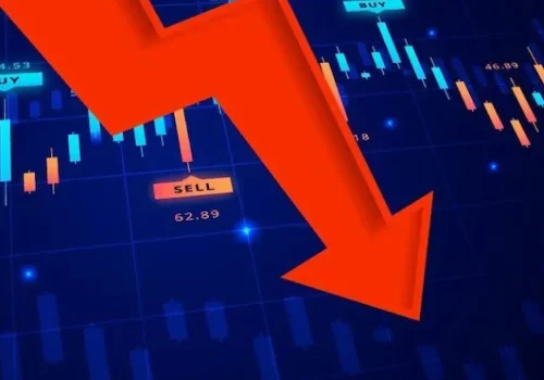 A stock chart showing a sharp decline in SBI share price with red trendlines, technical indicators like RSI and MACD, and a potential recovery path.