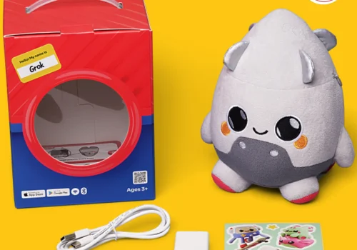 AI powered soft toys Grem, Grok, and Gaboo with kids playing and talking to the interactive stuffed animals.